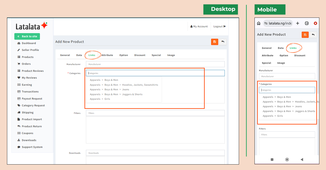 Product Links and Categories